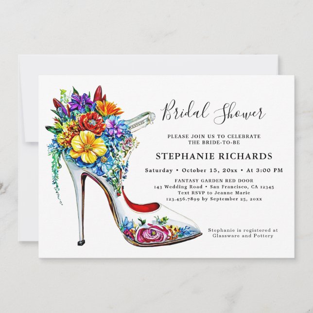 Invitation White Elegant Floral Chaussure Bridal Shower Invit (Devant)