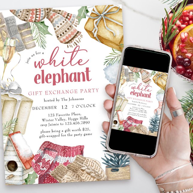 Invitation White Elephant Cosy Noël échange cadeau de fête (White elephant gift exchange party invitation)