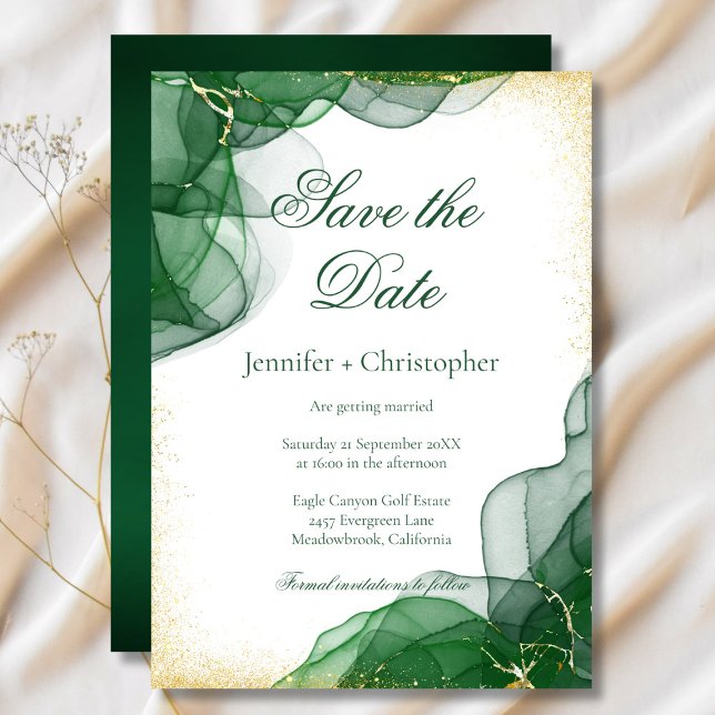 Invitation White Emerald Green Gold Marble Save The Date Card (White Emerald Green Gold Marble Save The Date Card)