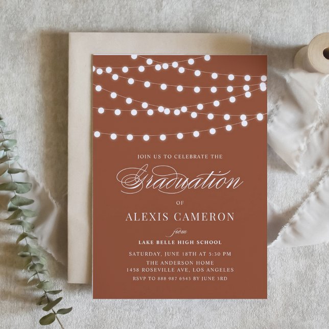 Invitation White Fairy Lights Terracotta Graduation Party (Customizable boho graduation invitation featuring white string lights. Available in other colors.)