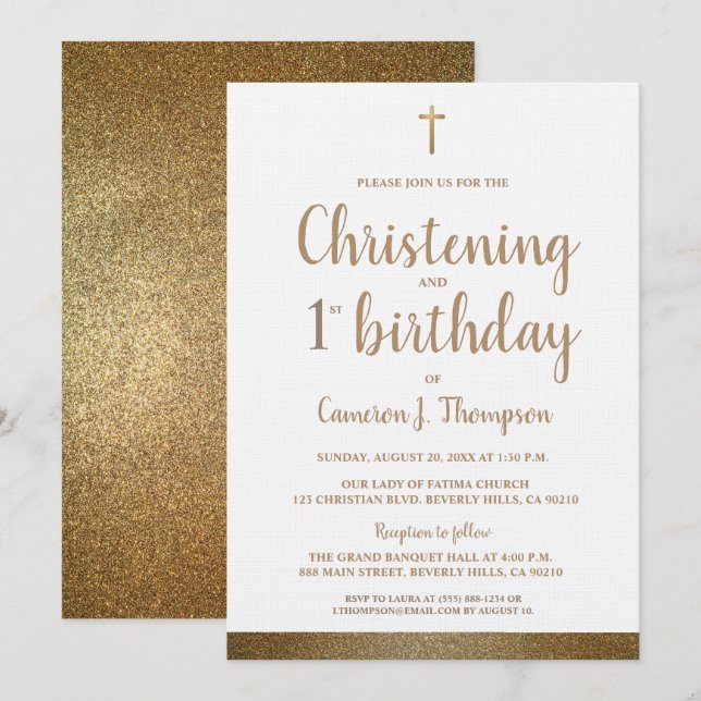 Invitation White Faux Gold Cross Christening & 1er anniversai (Devant / Derrière)