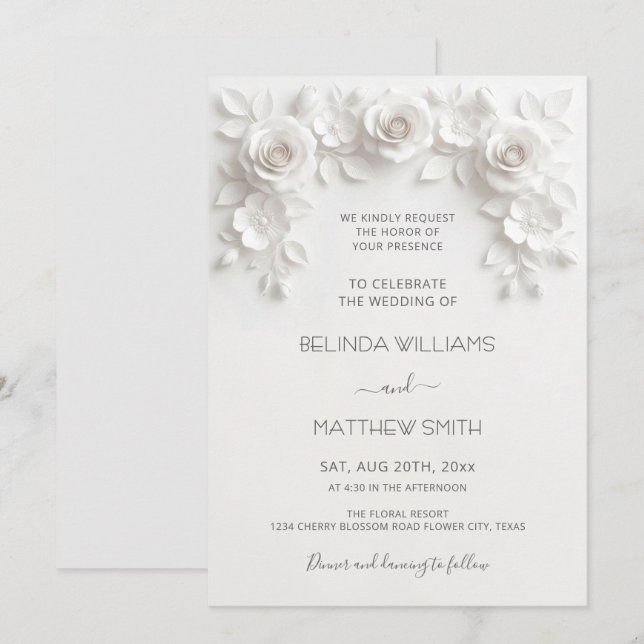 Invitation White Faux Relief Roses Frame Wedding Minimalist (Devant / Derrière)