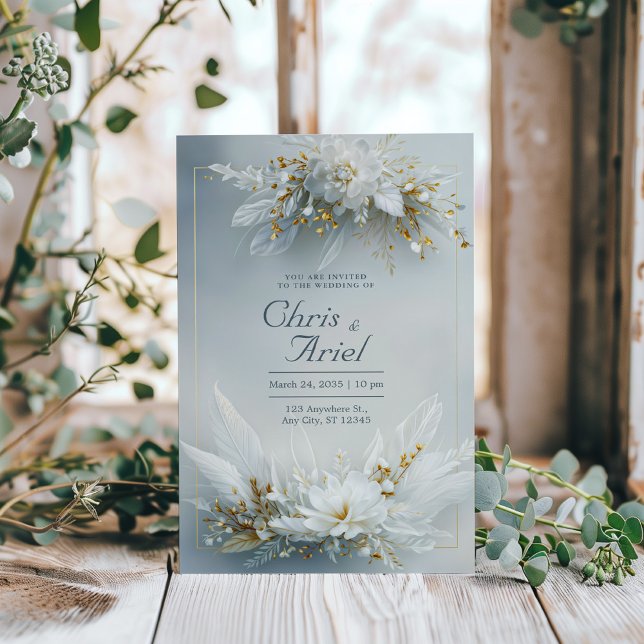 Invitation White Floral Feather Gold Frame Elegant Wedding (Créateur téléchargé)