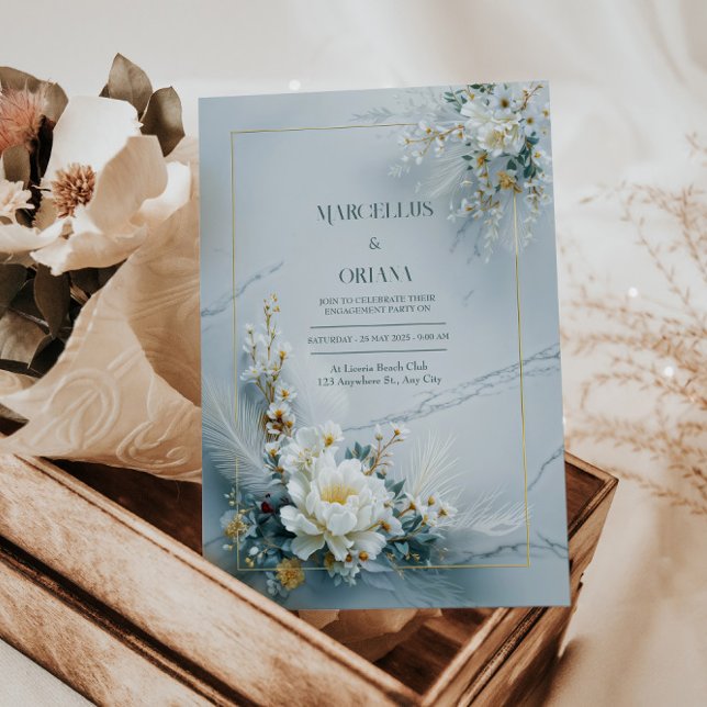 Invitation White Floral Gold Frame Marble Texture Wedding (Créateur téléchargé)