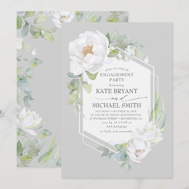 Invitation White Floral Green Élégante Partie d'engagement (Devant / Derrière)