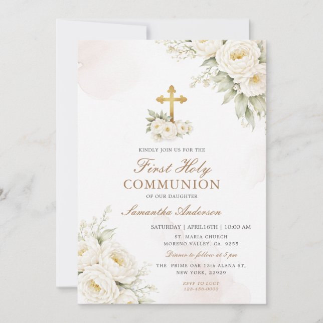 Invitation White Floral Ivory First Holy Communion  (Devant)