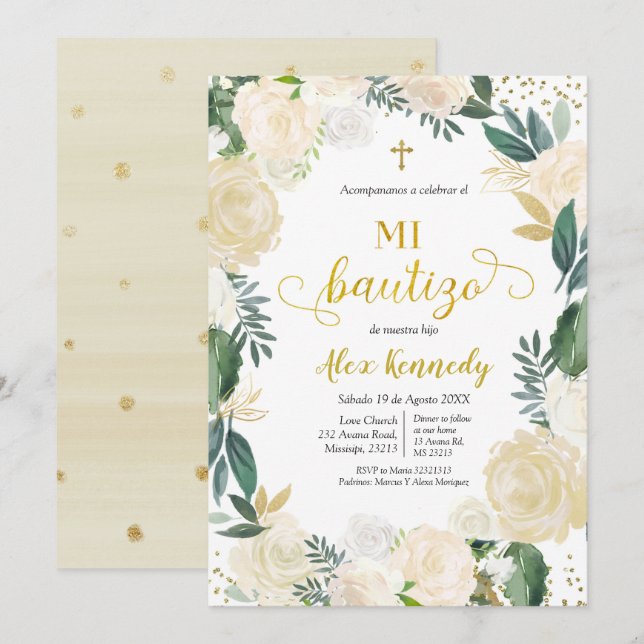 Invitation White Floral Mi Bautizo Espagnol Invitacion Invita (Devant / Derrière)