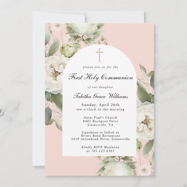Invitation White Floral on Pink First Holy Communion (Devant)
