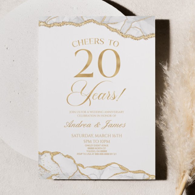 Invitation White Gold Agate 20e fête Mariage Anniversaire (Créateur téléchargé)