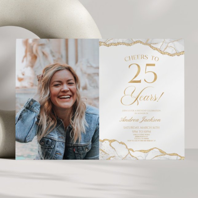 Invitation White Gold Agate Photo 25e fête d'anniversaire (Créateur téléchargé)