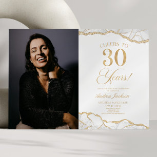 Invitation White Gold Agate Photo 30e fête d'anniversaire