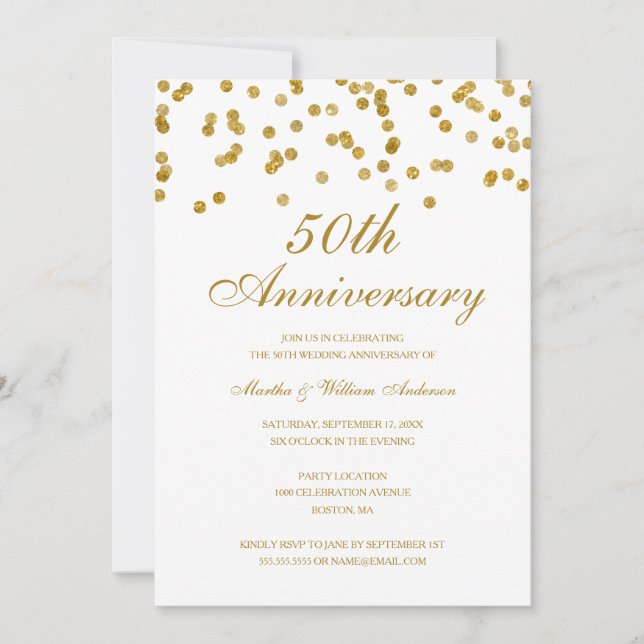 Invitation White & Gold Confetti 50e anniversaire de Mariage (Devant)
