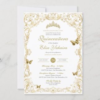 Invitation White Gold Elegant Baroque Regal Quinceanera