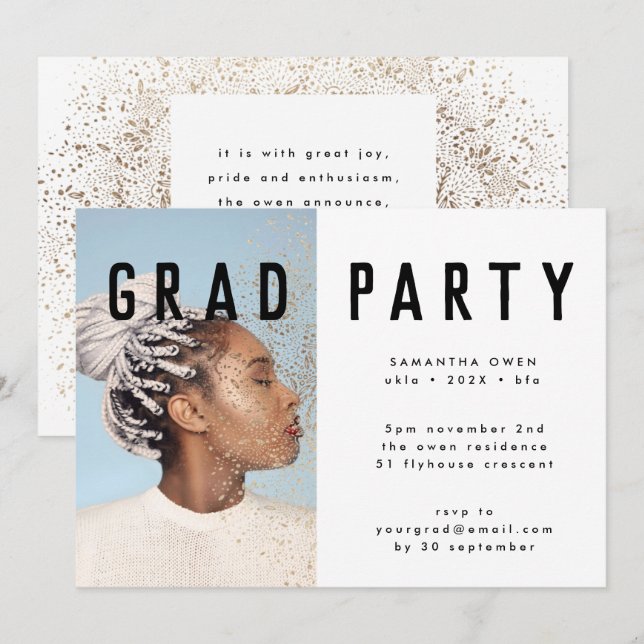 Invitation White Gold Elegant Botanical Grad Photo Party (Devant / Derrière)
