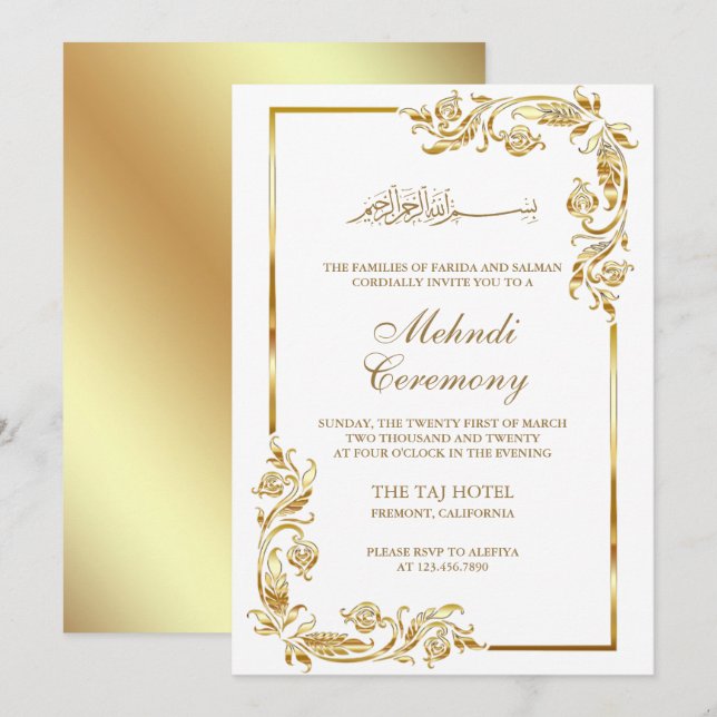 Invitation White Gold Floral Frontière Islamique Mehndi Cérém (Devant / Derrière)