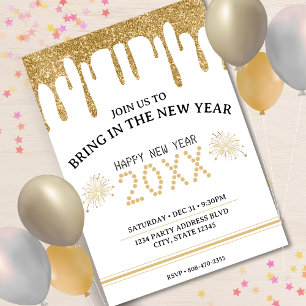 Invitation White & Gold Parties scintillant Drip New Years Ev