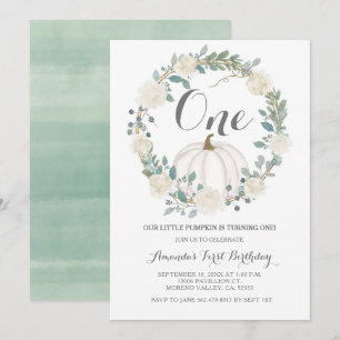 Invitation White Green Fall White Citrouille 1er anniversaire