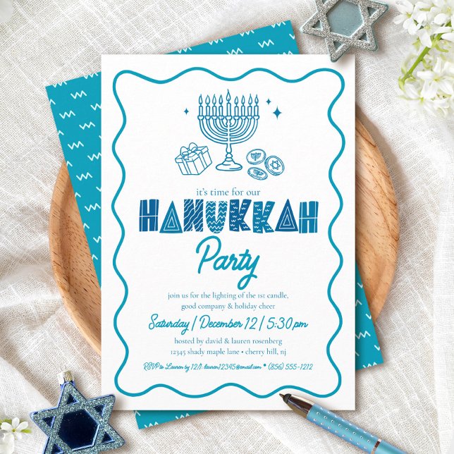 Invitation White Hanukkah Turquoise Typography Doodle Party (Créateur téléchargé)