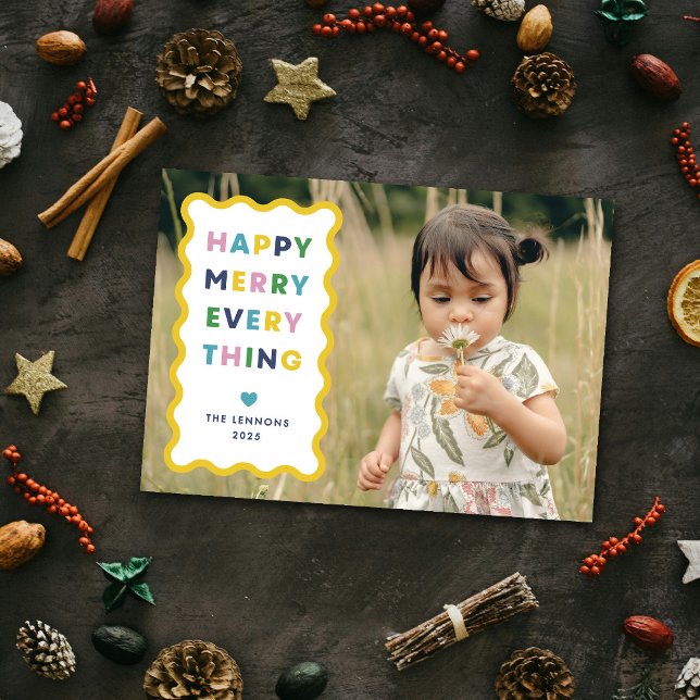 Invitation White Happy Merry Wavy Christmas Photo Card (Créateur téléchargé)