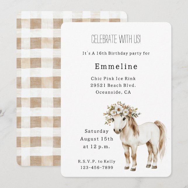 Invitation White Horse Floral 16th Birthday (Devant / Derrière)