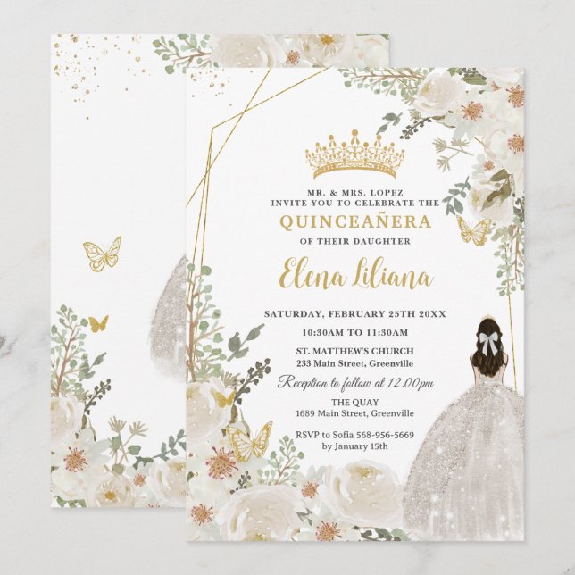 Invitation White Ivory Floral Princess Gold Quinceanera 15 XV (Devant / Derrière)