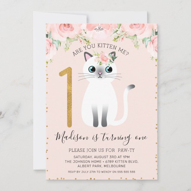 Invitation White Kitten Are You Kitten Me 1er Anniversaire (Devant)
