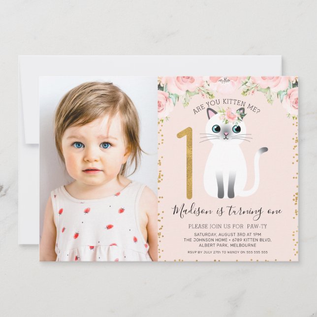 Invitation White Kitten Are You Kitten Me Photo 1er Anniversa (Devant)
