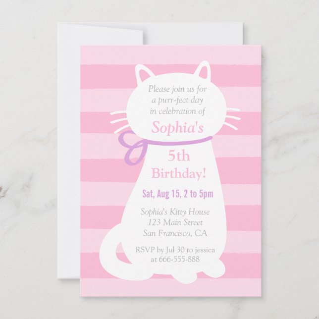 Invitation White Kitty Chat Pink Stripes Filles Anniversaire (Devant)