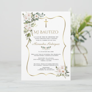 Invitation White Lily Rose Bautizo Con Flores Gold Baptism