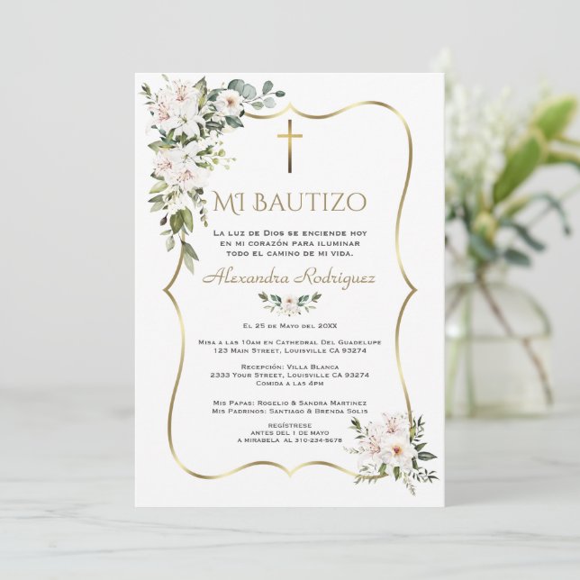 Invitation White Lily Rose Bautizo Con Flores Gold Baptism  (Debout devant)