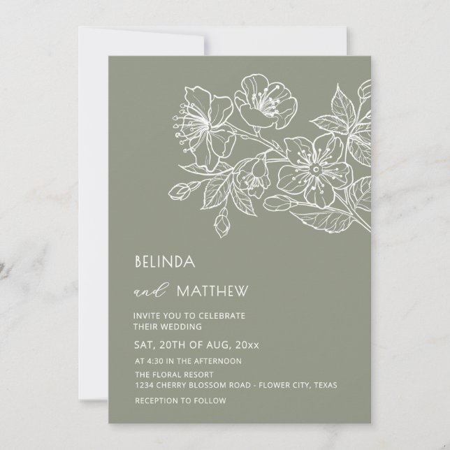 Invitation White Line Art Flowers Sage Green (Devant)