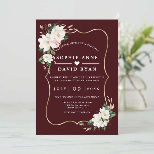 Invitation White Magnolia Deep Burgundy All In One Wedding   (Debout devant)
