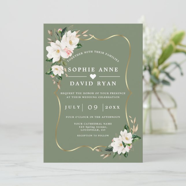 Invitation White Magnolia Sage Green All In One Wedding   (Debout devant)