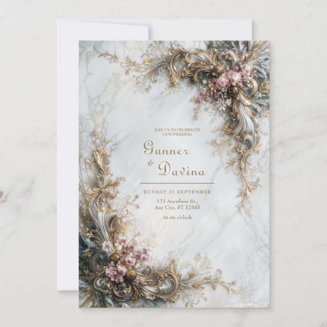 Invitation White Marble Gold Pink Floral Rococo Wedding (Devant)