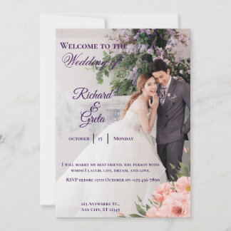 Invitation White Minimalist watercolor photo flowers wedding