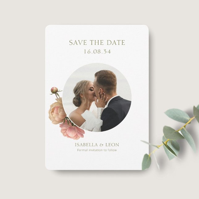 Invitation White | Modern Olive Green Rose Save the Date (Créateur téléchargé)