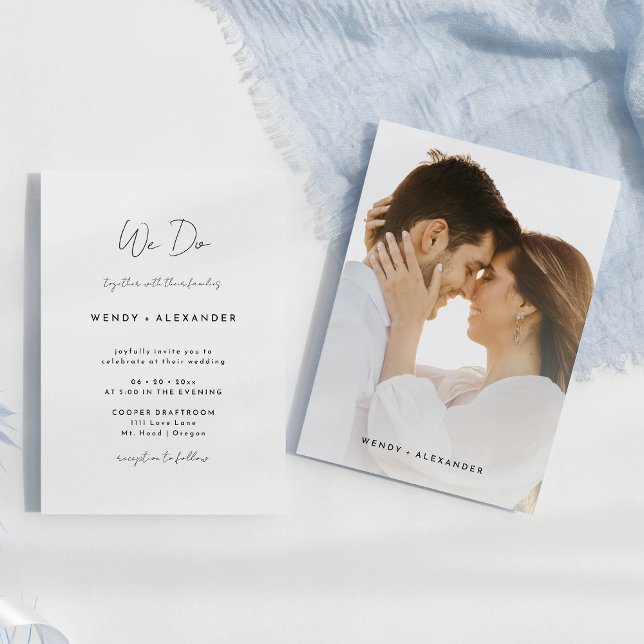 Invitation White Modern Script Nous faisons Mariage photo (Créateur téléchargé)