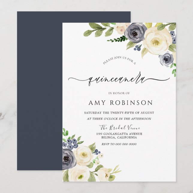 Invitation White & Navy Elegant Aquarelle Quinceanera Party (Devant / Derrière)