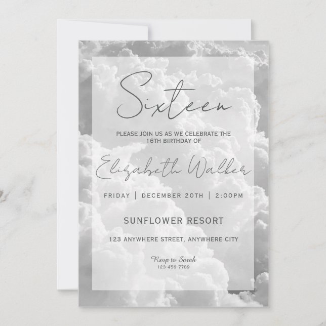 Invitation White Nuages Sweet sixteen fête d'anniversaire (Devant)