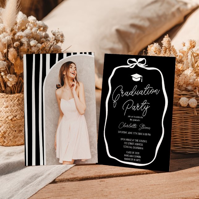 Invitation White on Black Coquette Bow photo graduation (White on Black Coquette Bow photo graduation Invitation)