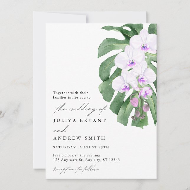 Invitation White Orchid on Tropical leaf script wedding (Devant)