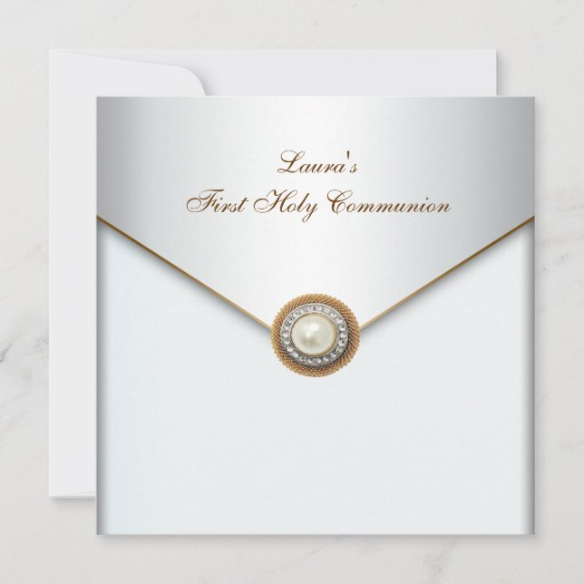Invitation White Pearl Gold Girls First Holy Communion (Devant)