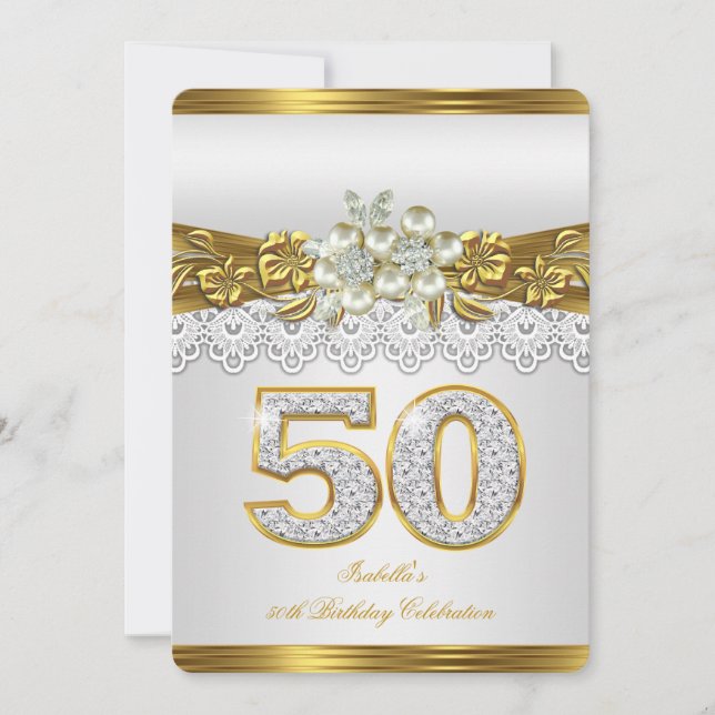 Invitation White Pearl Gold Lace Floral 50e fête d'anniversai (Devant)