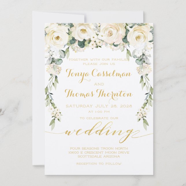 Invitation White Peony Epiphany Mariage Gold Calligraphie (Devant)