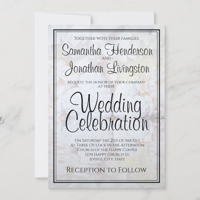Invitation White Peony Flowers & Hearts Reflections Mariage (Devant)