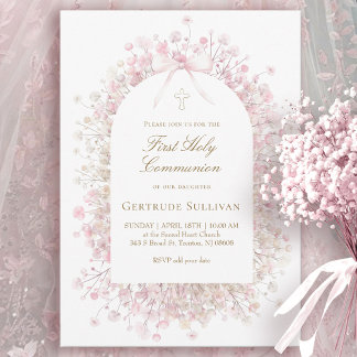 Invitation white pink flowers | First Holy Communion