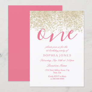 Invitation White Pink Gold Parties scintillant 1er anniversai