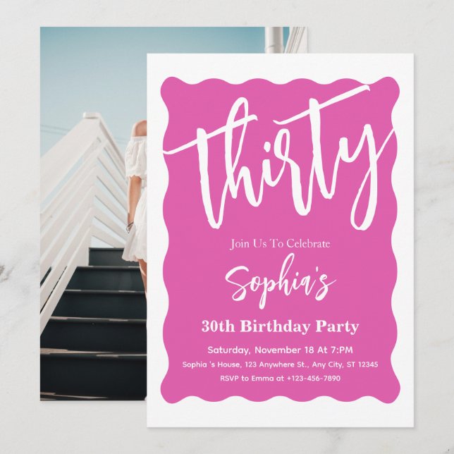 Invitation White & Pink Wavy Curve Moderne 30e fête d'anniver (Devant / Derrière)
