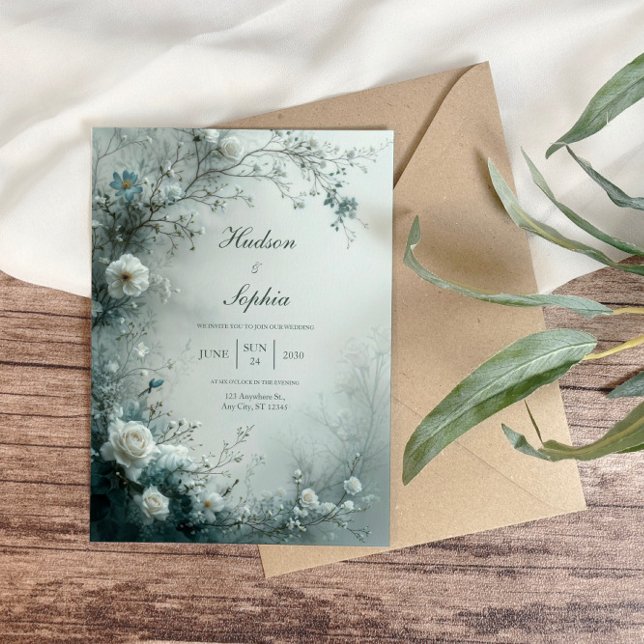 Invitation White Rose and Dusty Blue Mist Winter Wedding (Créateur téléchargé)