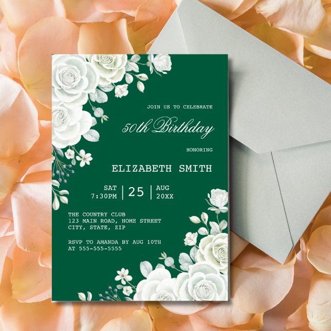 Invitation White Rose Green Pastel Anniversaire (Créateur téléchargé)